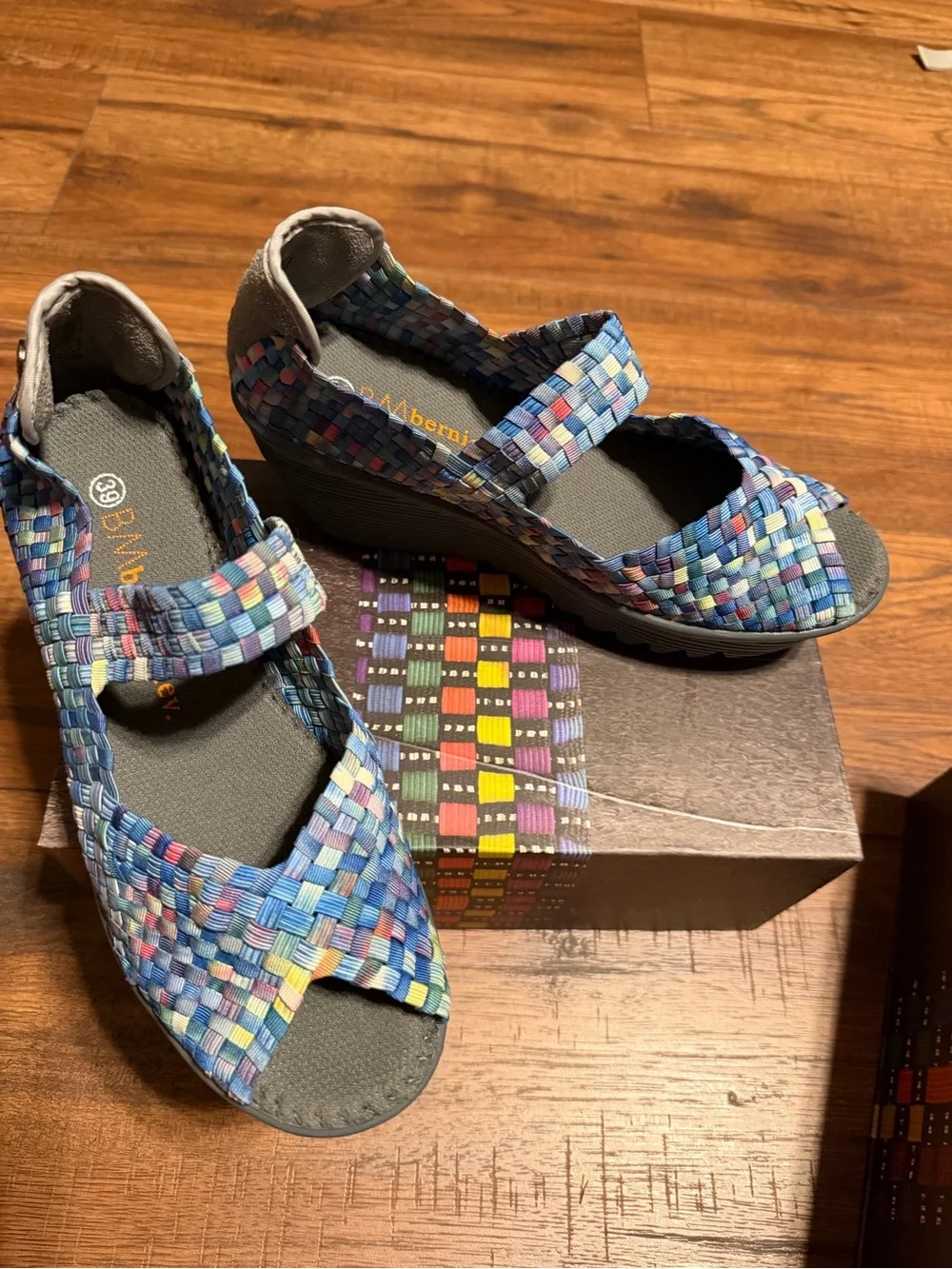 bernie mev. Multicolor Woven Crossover Wedge Sandals